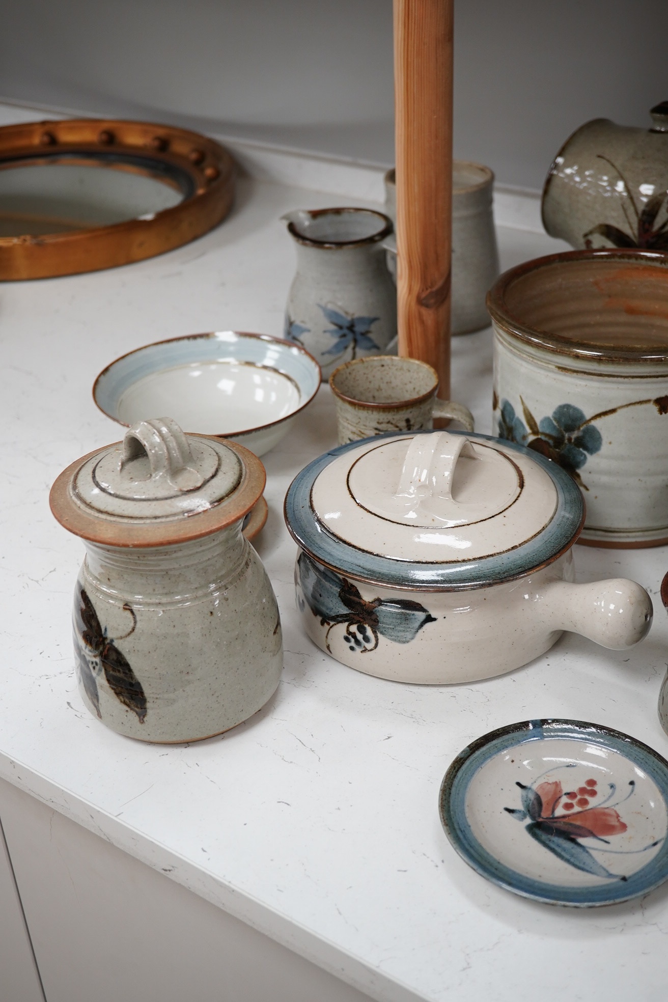 A large collection of Studio ceramics by John Davidson, Truro Pottery, largest item casserole pot and cover 20cm high (31). Condition - teapot has cover missing, but rest mostly good